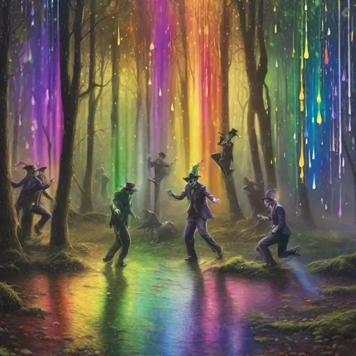 Prompt: Rainbow rain in the forest with light shining in the background and jokers dancing 