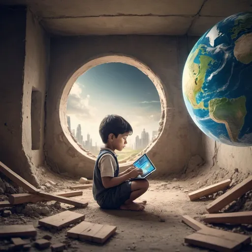 Prompt: An innocent child trying with his world to build a better future digital 