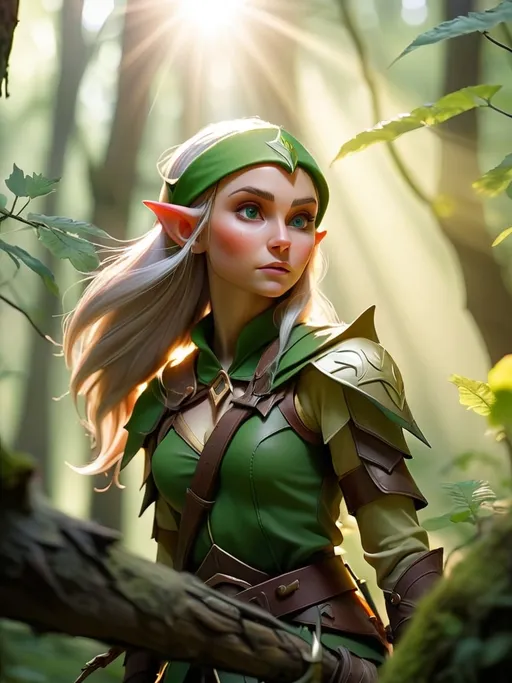 Prompt: Elf ranger in a mystical forest around sunlight