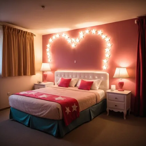 Prompt: Habitacion de motel decorada con series de luces con forma de estrellas, también decorada como una habitación de motel clasica, con simbolos de amor, sillon del amor