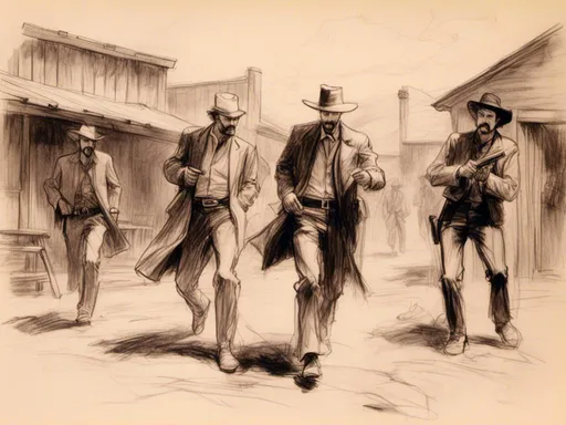 Prompt: <mymodel> pencil-sketch of the Gunfight at OK Corral. Wyatt Earp, Virgil Earp, Doc Holliday