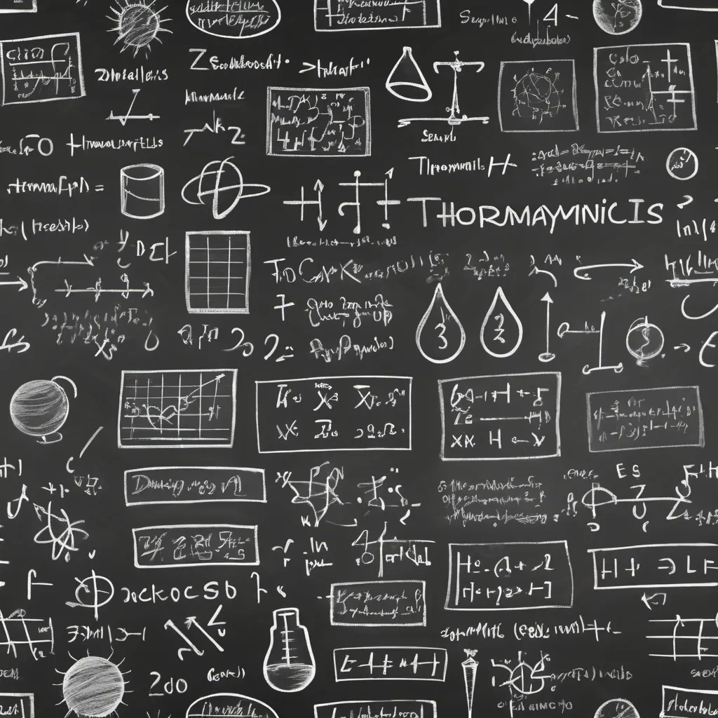 Prompt: seamless pattern: blackboard with thermodynamics formulas, schemes and drawings on it, hardwritten with chalk
