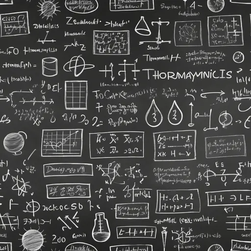 Prompt: seamless pattern: blackboard with thermodynamics formulas, schemes and drawings on it, hardwritten with chalk
