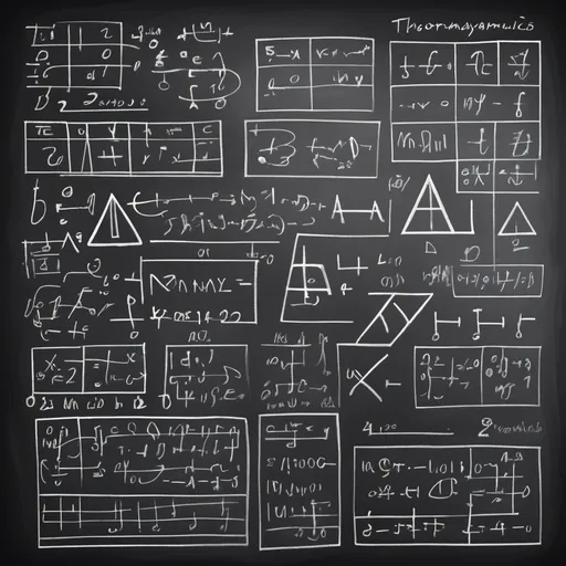 Prompt: a perfectly modular pattern, seamless: blackboard with drawings and thermodynamics formulas on it, hardwritten with chalk