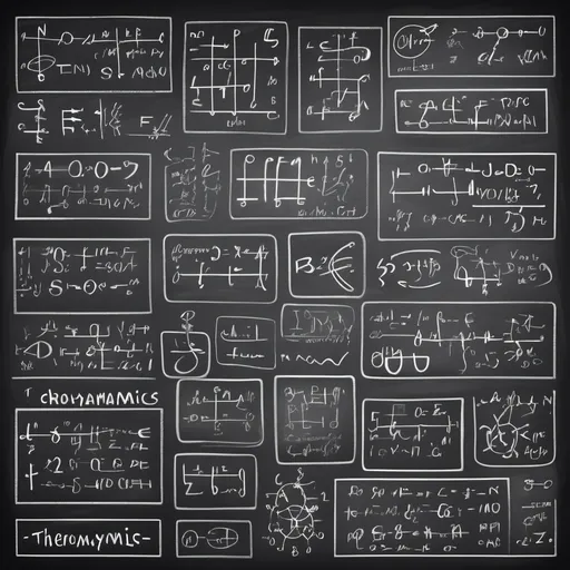 Prompt: a perfectly modular pattern, seamless: blackboard with thermodynamics formulas and drawings on it, hardwritten with chalk