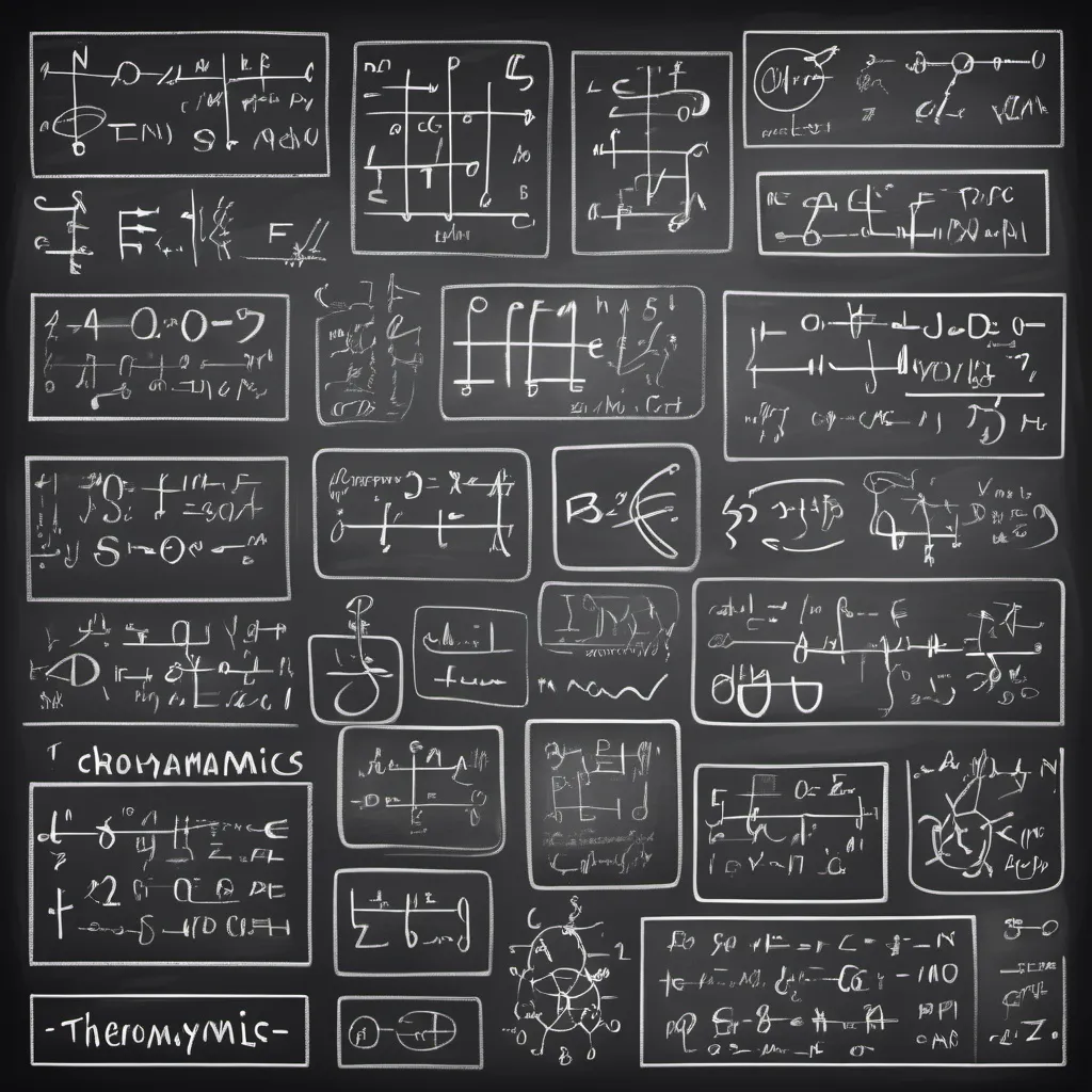 Prompt: a perfectly modular pattern, seamless: blackboard with thermodynamics formulas and drawings on it, hardwritten with chalk