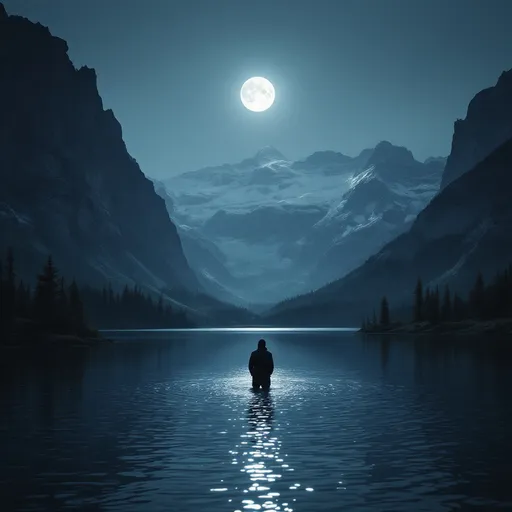 Prompt: Mountain lake at night with moonlight with a dark figure in the middle