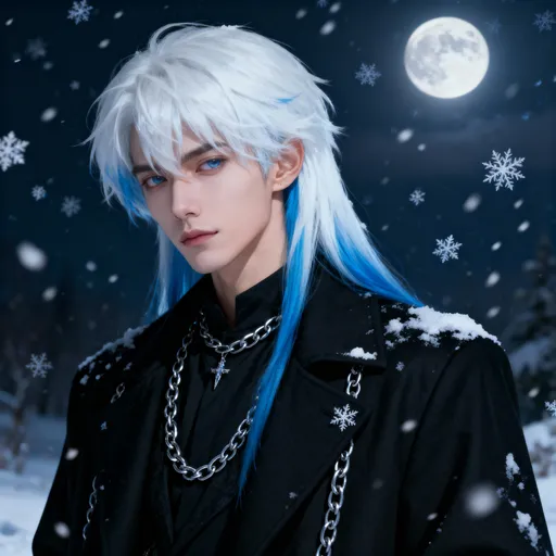 Prompt: A mysterious young man with long white and blue hair, calm icy gaze, wearing a black coat with silver chains, standing under moonlight with falling snow, elegant and cold aesthetic, moody lighting, ultra-detailed, fantasy realism style