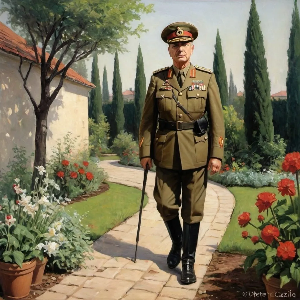 Prompt: Make him walk in the garden General peter cazilie Boglarim
