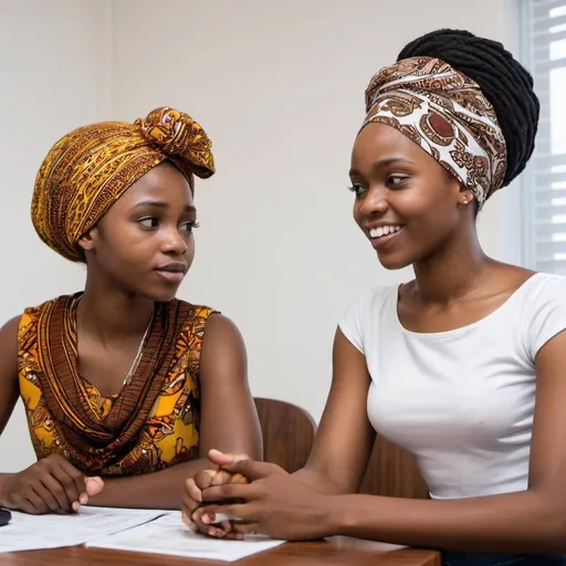 Prompt: a photo portraying an African teenage girl conversing with a modern African woman in a simple white office. There should be unopened condoms on the brown wooden table in the office. Showcase the woman in contemporary African attire with a headwrap while the girl should be dressed up in modern fashionable clothes, emphasizing intergenerational dialogue and cultural richness.