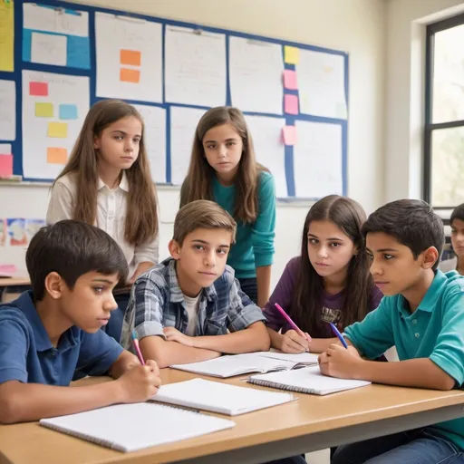 Prompt: Generate a high-resolution image of five 12-year-old children sitting around a table, engaged in a brainstorming session. They should be diverse in appearance, wearing casual clothing, and showing expressions of concentration and excitement. The table should have notebooks, papers, and colorful pens scattered on it. The setting is a bright, modern classroom with educational posters on the walls."