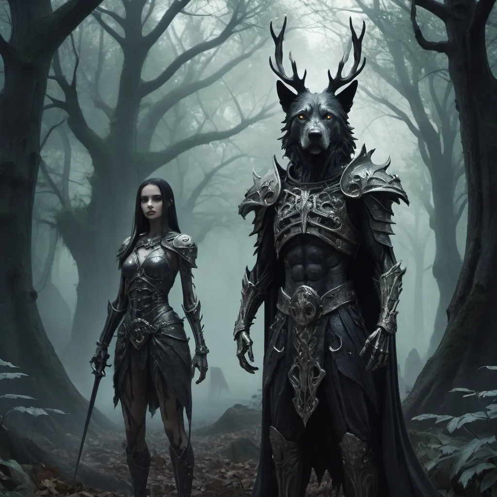 Prompt: Create a high-resolution digital art piece featuring three characters from a mystical forest kingdom in a hyper-realistic style, with a strong focus on surreal and dark fantasy themes. The characters include a mystical dog with ethereal, ghostly features, a mystical warrior with ancient, battle-worn armor, and a haunting, skeletal figure. They are engaged in a dynamic fight scene set in a surreal, mystical New York City landscape, where the city blends with elements of a dark, magical forest. The environment features twisted, surreal architecture, glowing celestial elements, and gothic-inspired lighting. The overall style should evoke a sense of mystery, fantasy, and the otherworldly, aligning with current trends in surreal and dark fantasy art.