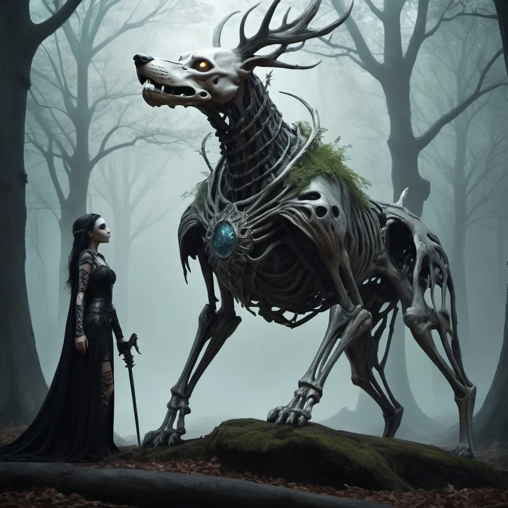 Prompt: Create a high-resolution digital art piece featuring three characters from a mystical forest kingdom in a hyper-realistic style, with a strong focus on surreal and dark fantasy themes. The characters include a mystical dog with ethereal, ghostly features, a mystical warrior with ancient, battle-worn armor, and a haunting, skeletal figure. They are engaged in a dynamic fight scene set in a surreal, mystical New York City landscape, where the city blends with elements of a dark, magical forest. The environment features twisted, surreal architecture, glowing celestial elements, and gothic-inspired lighting. The overall style should evoke a sense of mystery, fantasy, and the otherworldly, aligning with current trends in surreal and dark fantasy art.