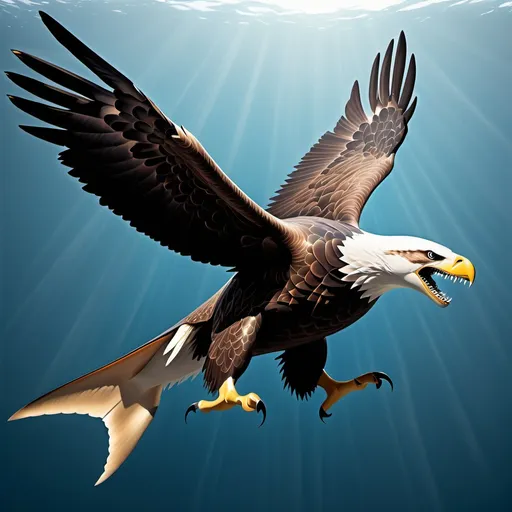 Prompt: Here's a detailed prompt for a hybrid image of an eagle and a shark:

"Create an image of a hybrid creature with the majestic body of an eagle and the sleek, powerful tail and fins of a shark. The creature has the sharp, piercing eyes and beak of an eagle, with its wings spread wide and covered in feathers. From the waist down, its body seamlessly transitions into the muscular, streamlined form of a shark, complete with its fin and tail. The setting is an oceanic scene, where the creature hovers above the water with its wings extended, and the ocean's deep blue contrasts with the bird's sharp, detailed feathers."

This should give you a unique combination of both creatures! Let me know if you'd like any adjustments or additions.

