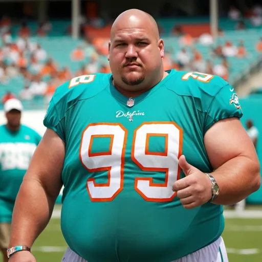 Prompt: A picture of a very fat man wearing a Jason Taylor Aqua Miami dolphins jersey 