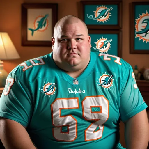Prompt: A picture of a very fat man wearing a Jason Taylor Aqua Miami dolphins jersey 