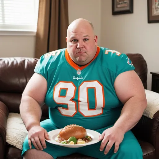 Prompt: a veyr fat bald man wearing a Miami Dolphins jersey,  in his 30s, at home watching the game, pigging out and eating and getting even fatter 