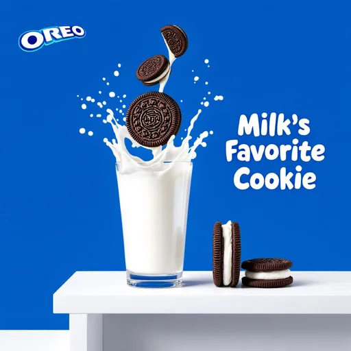 Prompt: A playful, vibrant ad scene with a bright blue background. A splash of milk in a transparent glass captures a chocolate sandwich cookie (similar to an Oreo) mid-dunk, with milk droplets frozen in motion. Above the glass, another cookie is falling into the milk. To the right, three cookies are lined up on a white shelf — one standing upright, one split open to reveal the cream, and another partially dipped. Bold white text on the right reads 'Milk's Favorite Cookie' in a fun, rounded font. The Oreo logo is placed in the top left corner.