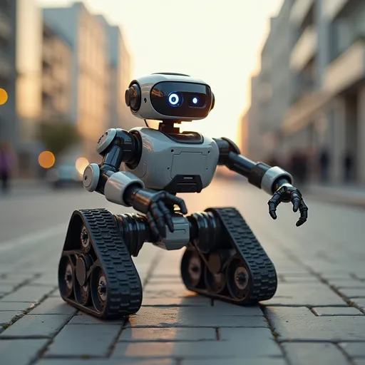 Prompt: Generate an image of a robot that is able to move but it does not have legs but tracks. He was short sentry kind of robot. He was driving around and scanning area around with his cameras. It was stressful moment but I was lucky and he did not notice me