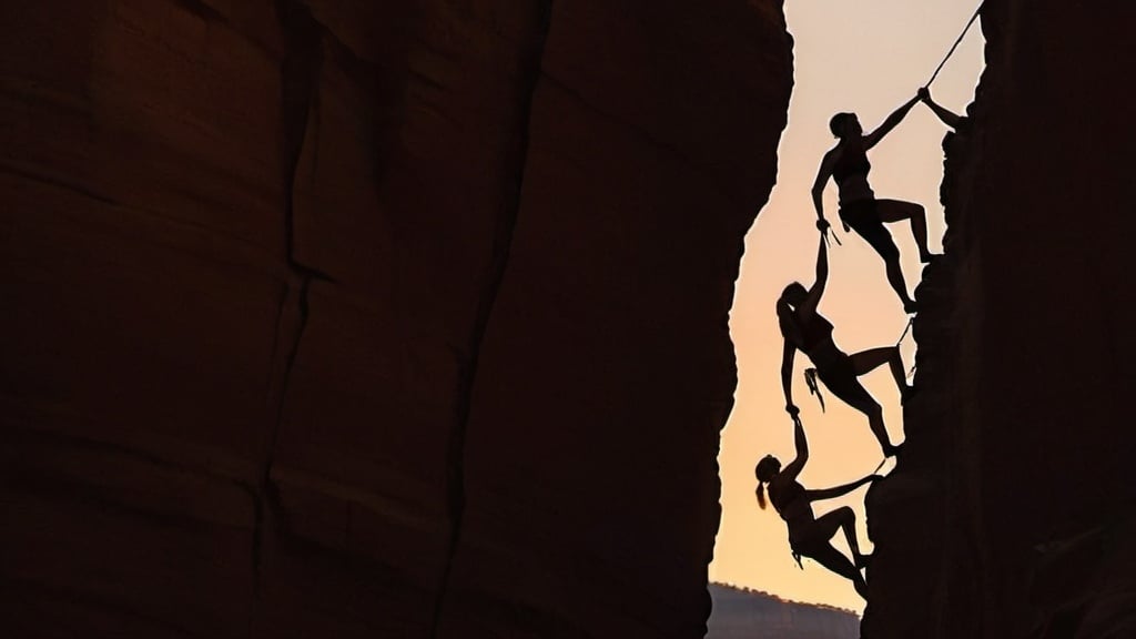 Prompt: a human chain of people climbing a canyon at sunset, linking their hands to each other to help each other climb