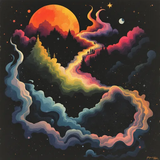 Prompt: Risograph. Hand painted. Water color. Infographic. Retro. Grunge. subtle gradients. Surrealist-style. Highly detailed college of mini illustrations depicting the rise and fall of a romance. Dark background. Erie and dark feeling