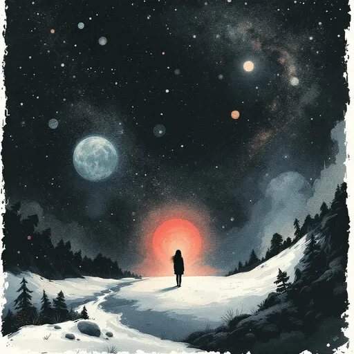 Prompt: Risograph. Hand painted. Water color. Infographic. Retro. Grunge. subtle gradients. Surrealist-style. Highly detailed college of mini illustrations. Dark background. Erie and dark feeling. Space. Girl. Lonely. Alone. Empty. Nothingness.
