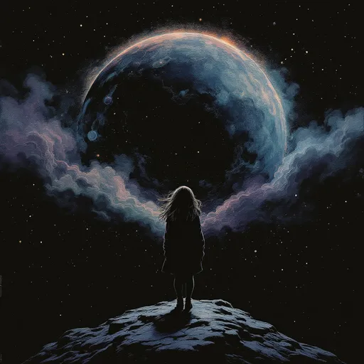 Prompt: Risograph. Hand painted. Water color. Infographic. Retro. Grunge. subtle gradients. Surrealist-style. Highly detailed college of mini illustrations. Dark background. Erie and dark feeling. Space. Girl. Lonely. Alone. Empty. Nothingness.
