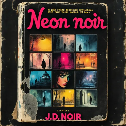 Prompt: A close up of the front of a worn vintage pulp detective paperback book featuring a grid collage of various illustrations. It willl mix neon and noir. Each scene is crafted with soft brushstrokes merging watercolor textures with grunge elements, creating a surreal and introspective atmosphere. The contrast is dramatically increased, making the muted yet vibrant colors stand out with a bold and mysterious allure. The streetlamp glow becomes more pronounced, casting a luminous neon sheen. The title "Neon noir" is prominently displayed in bold retro 80s typography at the top, with the author's name "J. D. Noir" in smaller text beneath, spelled correctly