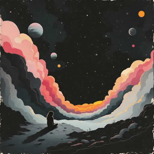 Prompt: Risograph. Hand painted. Water color. Infographic. Retro. Grunge. subtle gradients. Surrealist-style. Highly detailed college of mini illustrations. Dark background. Erie and dark feeling. Space. Girl. Lonely. Alone. Empty. Nothingness.
