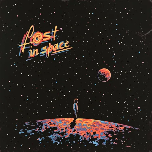 Prompt: Risograph. Hand painted. Water color. Infographic. Retro. Grunge. subtle gradients. Surrealist-style. Highly detailed college of mini illustrations. Dark background. Erie and dark feeling. Space. Girl. Lonely. Alone. Empty. Nothingness. Words: "Lost in space"
