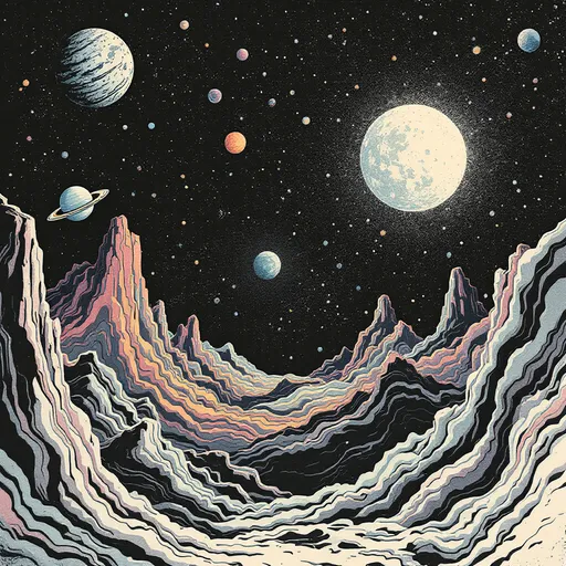 Prompt: Risograph. Hand painted. Water color. Infographic. Retro. Grunge. subtle gradients. Surrealist-style. Highly detailed college of mini illustrations. Dark background. Erie and dark feeling. Outer space.