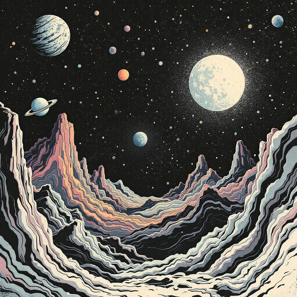 Prompt: Risograph. Hand painted. Water color. Infographic. Retro. Grunge. subtle gradients. Surrealist-style. Highly detailed college of mini illustrations. Dark background. Erie and dark feeling. Outer space.