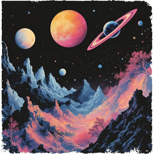Prompt: Risograph. Hand painted. Water color. Infographic. Retro. Grunge. subtle gradients. Surrealist-style. Highly detailed college of mini illustrations. Dark background. Erie and dark feeling. Outer space.