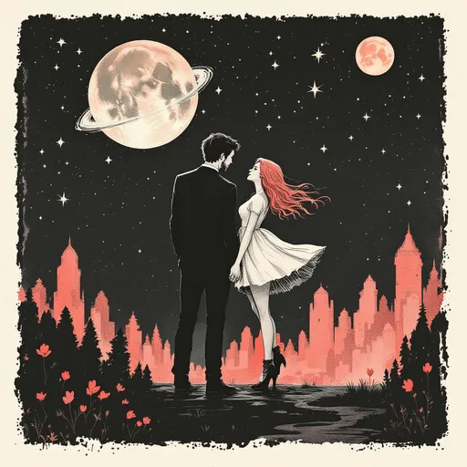 Prompt: Risograph. Hand painted. Water color. Infographic. Retro. Grunge. subtle gradients. Surrealist-style. Highly detailed college of mini illustrations depicting the rise and fall of a romance. Dark background. Erie and dark feeling