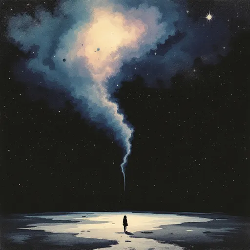 Prompt: Risograph. Hand painted. Water color. Infographic. Retro. Grunge. subtle gradients. Surrealist-style. Highly detailed college of mini illustrations. Dark background. Erie and dark feeling. Space. Girl. Lonely. Alone. Empty. Nothingness.
