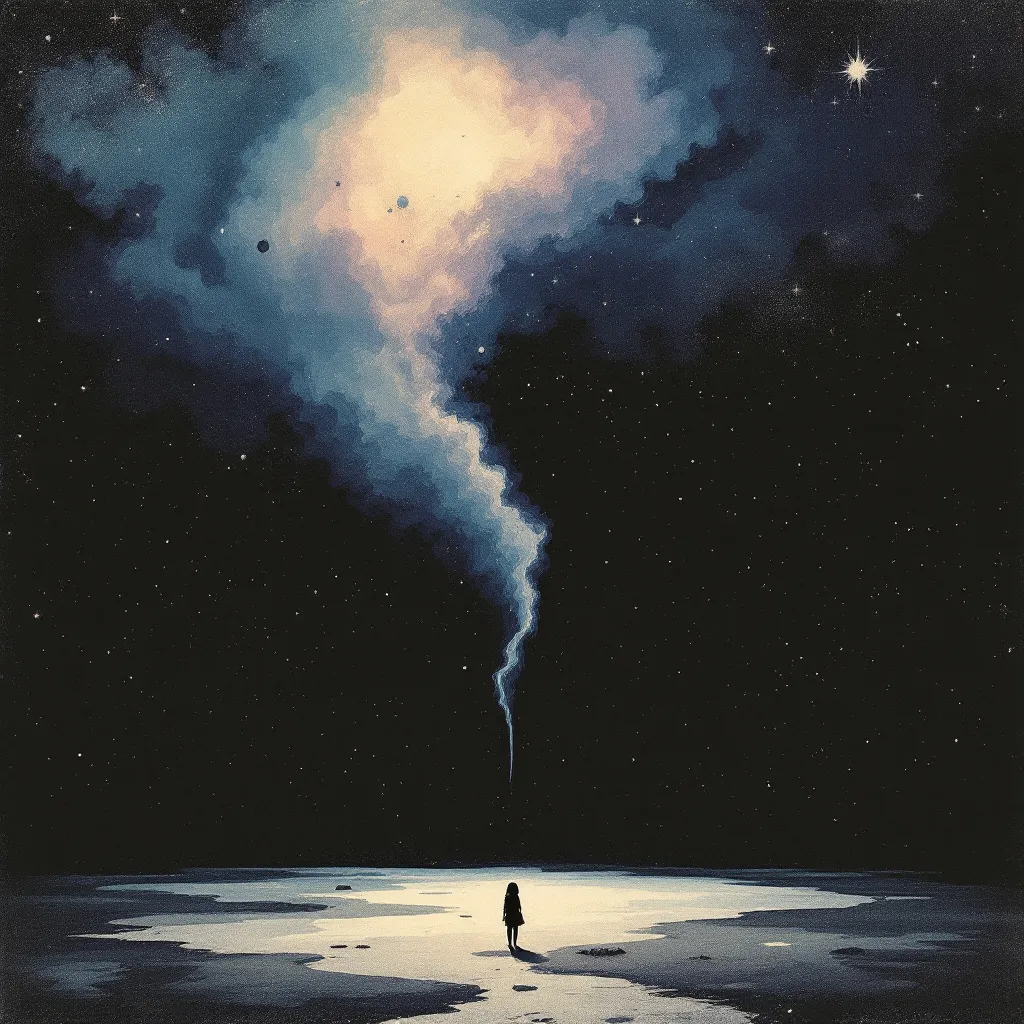 Prompt: Risograph. Hand painted. Water color. Infographic. Retro. Grunge. subtle gradients. Surrealist-style. Highly detailed college of mini illustrations. Dark background. Erie and dark feeling. Space. Girl. Lonely. Alone. Empty. Nothingness.
