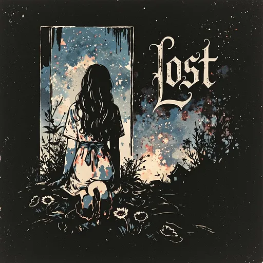 Prompt: Risograph. Hand painted. Water color. Infographic. Retro. Grunge. subtle gradients. Surrealist-style. Highly detailed college of mini illustrations. Dark background. Erie and dark feeling. Girl. Lonely. Alone. Empty. Nothingness. Words: "Lost"
