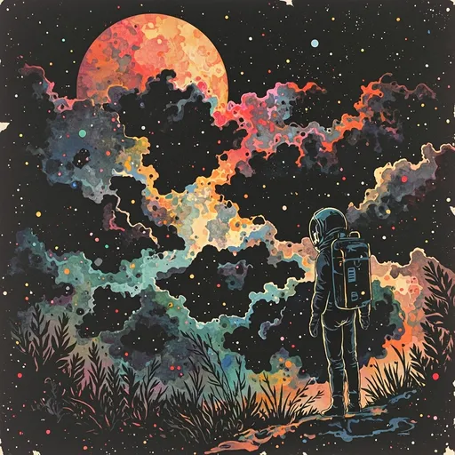 Prompt: Risograph. Hand painted. Water color. Infographic. Retro. Grunge. subtle gradients. Surrealist-style. Highly detailed college of mini illustrations. Dark background. Erie and dark feeling. Space. Girl. Lonely. Alone. Empty. Nothingness. Words: "Lost in space"
