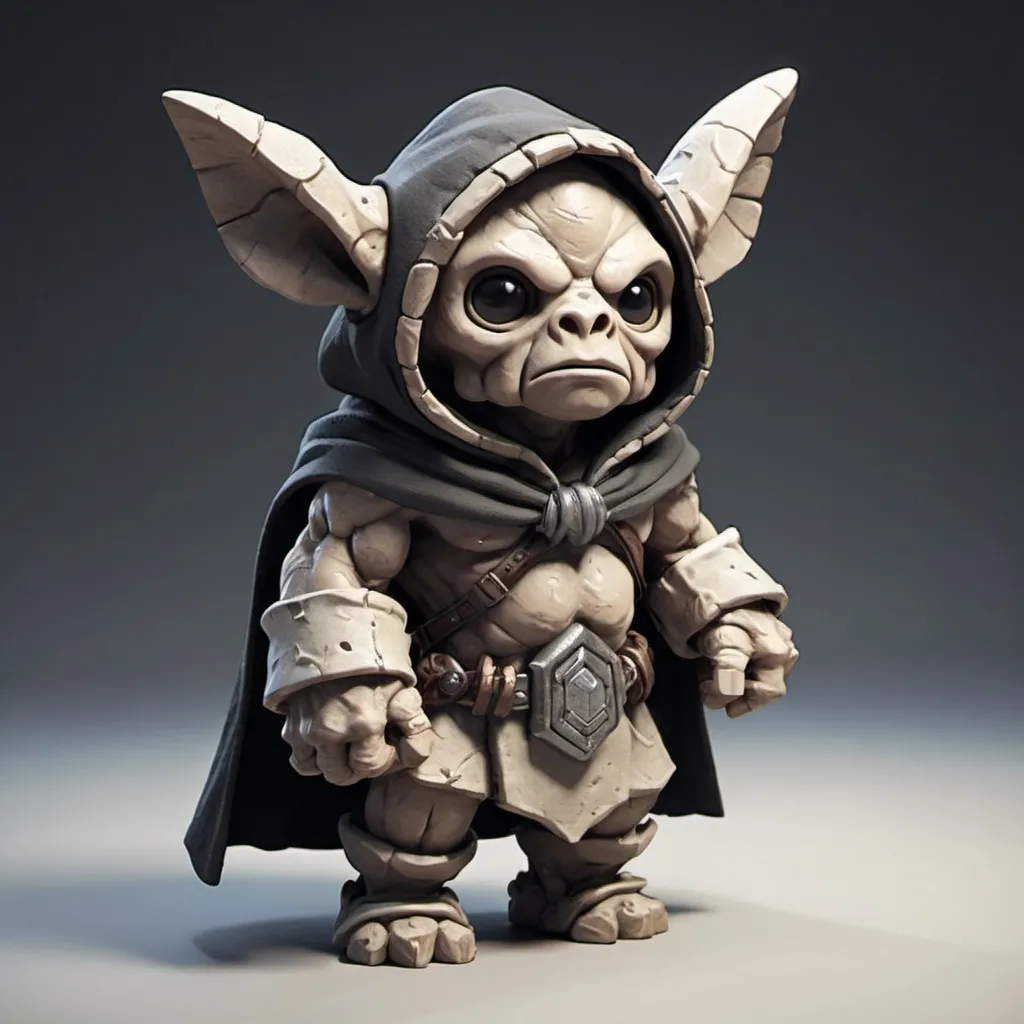 Prompt: Small rock golem with hood and cloak big ears, backpack, cute