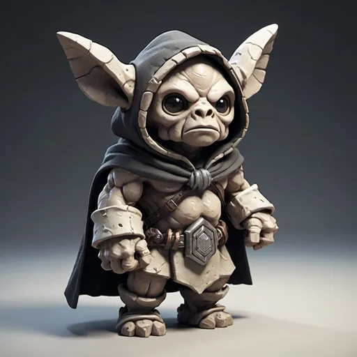 Prompt: Small rock golem with hood and cloak big ears, backpack, cute