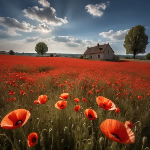 Prompt: un champs de coquelicots avec une douce brise d'été qui passe sur le champs, avec un fond un village rustique. le ciel est bleu avec quelques nuages blanc et le soleil brille. L'éclairage est doux et naturel.
et qui reproduit le style du photographe
 Yann Arthus-Bertrand


