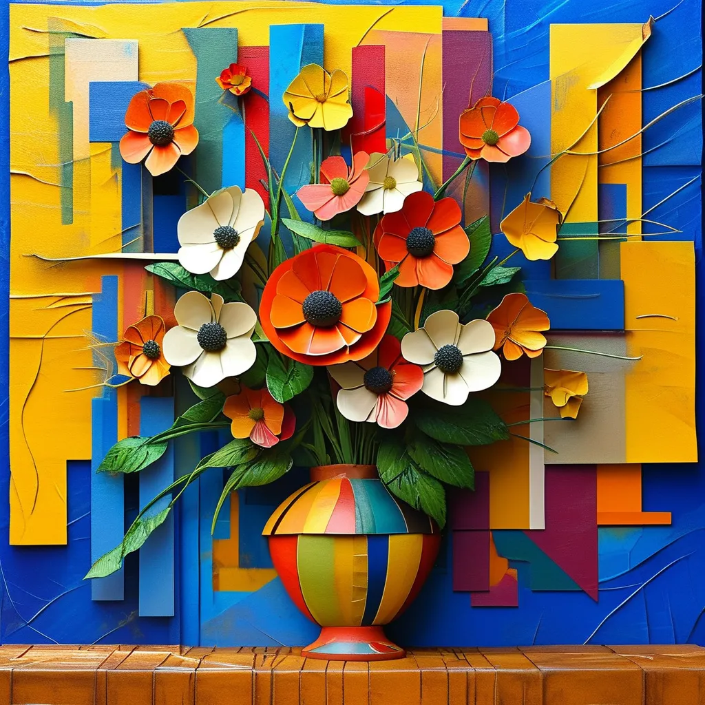 Prompt: A 3D image in the style of cubism and kandinsky. The image represents a bouquet of flowers in a vase, but instead of flowers, there are geometric shapes. The image is simplified, and the style is simplified. There are simple lines and geometric shapes. The colors are bright, but the traces of black are visible. The background is a crumpled paper with a gradient of royal blue.