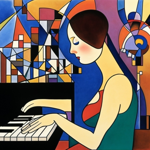 Prompt: une femme nue, qui joue de piano, on la voit de dos. dans un appartement moderne. la scène dois être colorée, l'image doit ressembler à un tableau de kandinsky