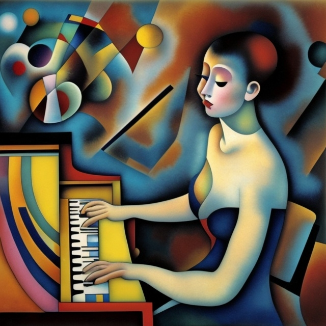 Prompt: une femme nue, qui joue de piano, on la voit de dos. dans un appartement moderne. la scène dois être colorée, l'image doit ressembler à un tableau de kandinsky