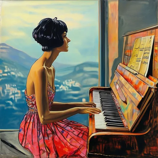 Prompt: une femme habillé d'une robe colorée, qui joue de piano, on la voit de profile. dans un appartement moderne. la scène dois être colorée, l'image doit ressembler à un tableau de Salvador Dali.