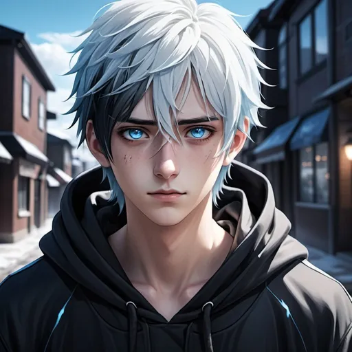 Prompt: Realistic anime illustration of a cute young adult boy with black-striped white hair and intense ice-blue eyes, a healed jagged line-shaped scar on his left cheek, an all-black hoodie, a town background, detailed eyes, professional, highres, detailed character design, atmospheric lighting, detailed environment