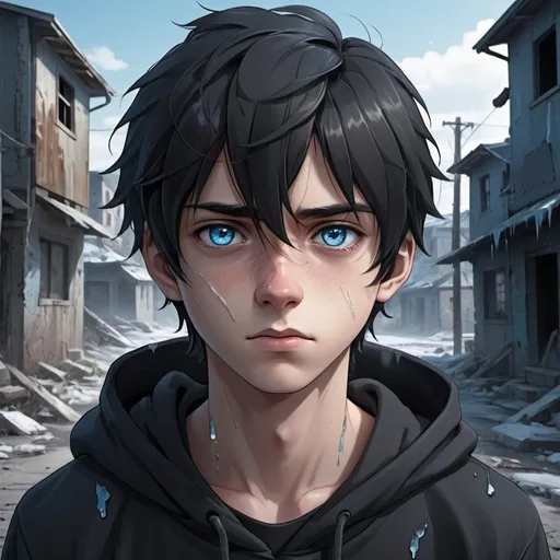 Prompt: Realistic anime illustration of a cute teenage boy with black hair and intense ice-blue eyes, a healed jagged line-shaped scar on his left cheek, an all-black hoodie, an abandoned crumbling town background, detailed eyes, professional, highres, detailed character design, atmospheric lighting, detailed environment