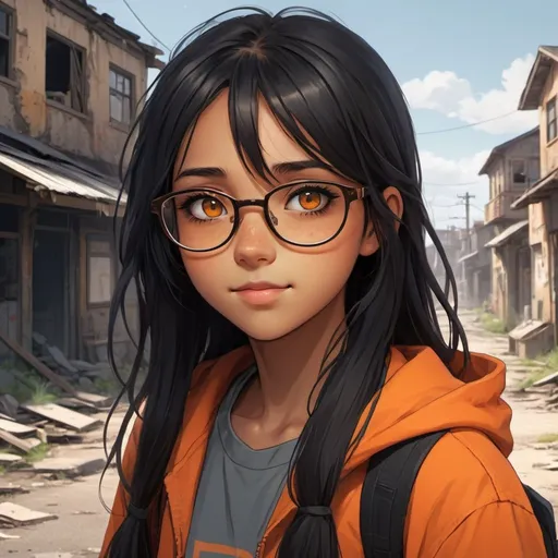 Prompt: A cute teenage girl with tan skin and long black hair with an orange streek, her eyes are brown, she has orange glasses, she has a cheery, playful look, an abandoned crumbling town background, detailed eyes, professional, highres, detailed character design, atmospheric lighting, detailed environment, and moody atmosphere. Anime look