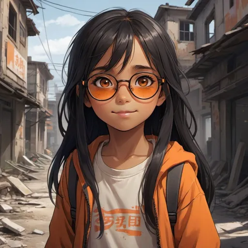 Prompt: A cute little girl with tan skin and long black hair with an orange streek, her eyes are brown, she has orange glasses, she has a cheery, playful look, an abandoned crumbling town background, detailed eyes, professional, highres, detailed character design, atmospheric lighting, detailed environment, and moody atmosphere. Anime look