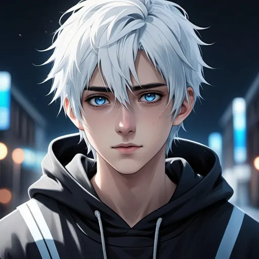 Prompt: Realistic anime illustration of a cute young adult boy with black-striped hair white hair and intense ice-blue eyes, a healed jagged line-shaped scar on his left cheek, an all-black hoodie, a town background, detailed eyes, professional, highres, detailed character design, atmospheric lighting, detailed environment